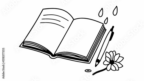 Open book with blank pages next to a pen, flower, and three water droplets in a simple black outline created with generated ai