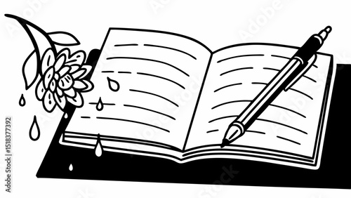 Open book with lined pages and a pen resting on it next to a flower with water droplets falling created with generated ai