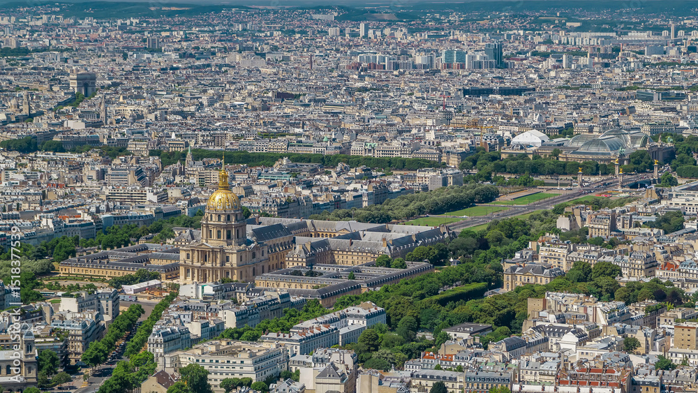 Obraz premium Top view of Paris skyline from observation deck of Montparnasse tower timelapse. Main landmarks of european megapolis. Paris, France