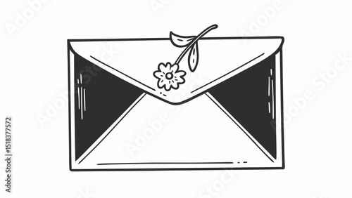 Hand drawn envelope with flower detail on top flap in black and white simple illustration style created with generated ai