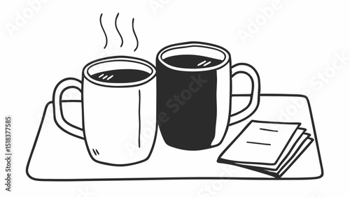 Two coffee mugs on a tray with steam and papers in a black and white doodle style illustration created with generated ai