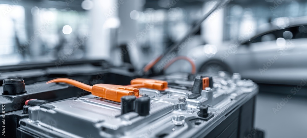 The car battery with charging cables in a modern automotive service environment. The car battery with charging cables in a modern automotive service environment.