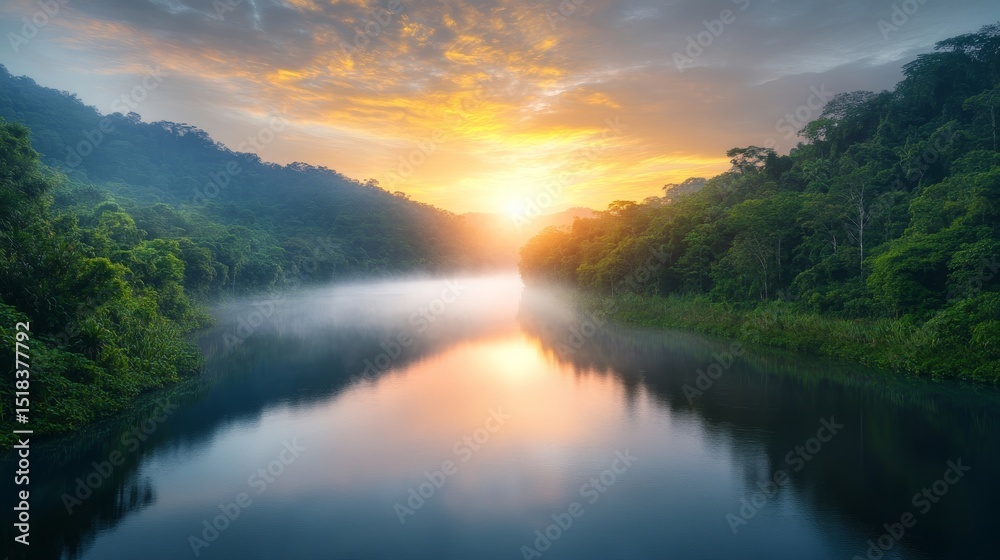 Fototapeta premium Serene Sunrise Over a Calm River Surrounded by Lush Green Forest