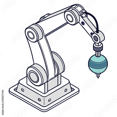 Isometric illustration of a robotic arm with a sphere conveyor in a modern technological setting