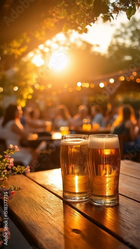 Two full beer glasses on a wooden table glow in the warm sunset light of a lively outdoor setting