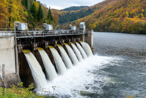 Hydroelectric dam releases water into river, surrounded by autumn foliage and mountains, showcasing nature beauty and energy