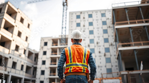 Back view of construction engineer in standard safety looking at the building in the construction site