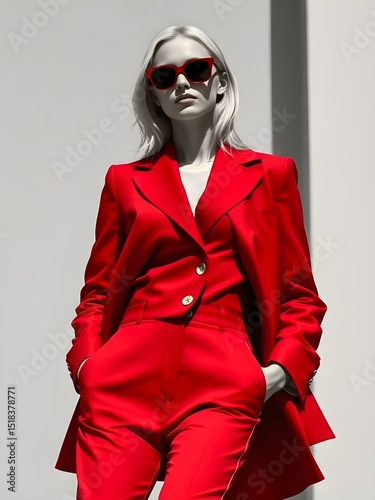 High fashion photo of a young blond woman in red suit, jacket, pants, and sunglasses. Monochrome trendy red outfit.
