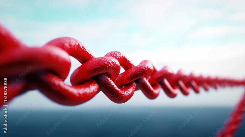Close up view of red chain link against blurred background, symbolizing strength and connection. vibrant color and texture Close up view of red chain link against blurred background, symbolizing strength and connection. vibrant color and texture