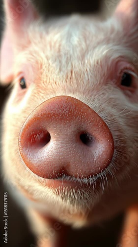 Extreme close-up of a pigs snout and fur, with visible fine hairs and soft pink skin details
