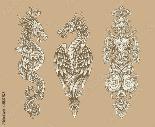 Vintage Baroque Victorian flower pattern and dragon. vector tattoo floral engraved scroll ornament leaf retro decorative design. filigree calligraphic heraldic shield swirl