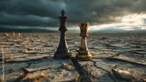 Chess king and queen stand on cracked desert ground under a stormy sky photo