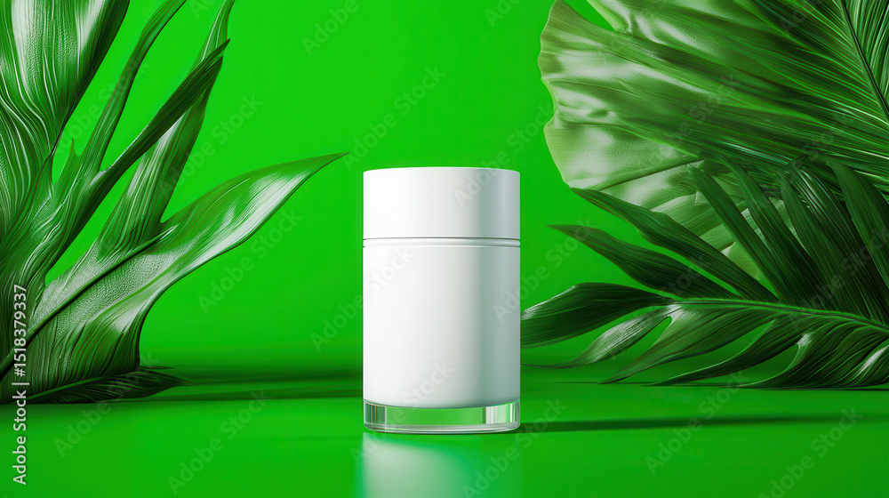 Sleek, modern product container stands out against vibrant green background, surrounded by lush tropical leaves, evoking fresh Sleek, modern product container stands out against vibrant green background, surrounded by lush tropical leaves, evoking fresh