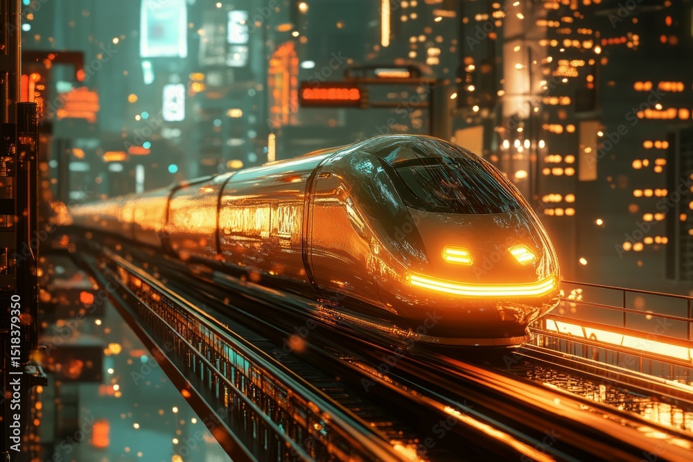 Fototapeta premium High-speed train in vibrant city at night. AI image