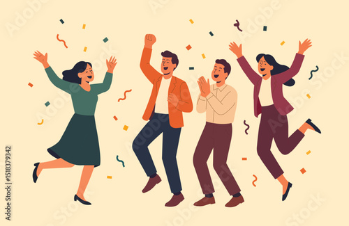 Vector illustration in flat style of a diverse group of people jumping for joy. Business Team Success