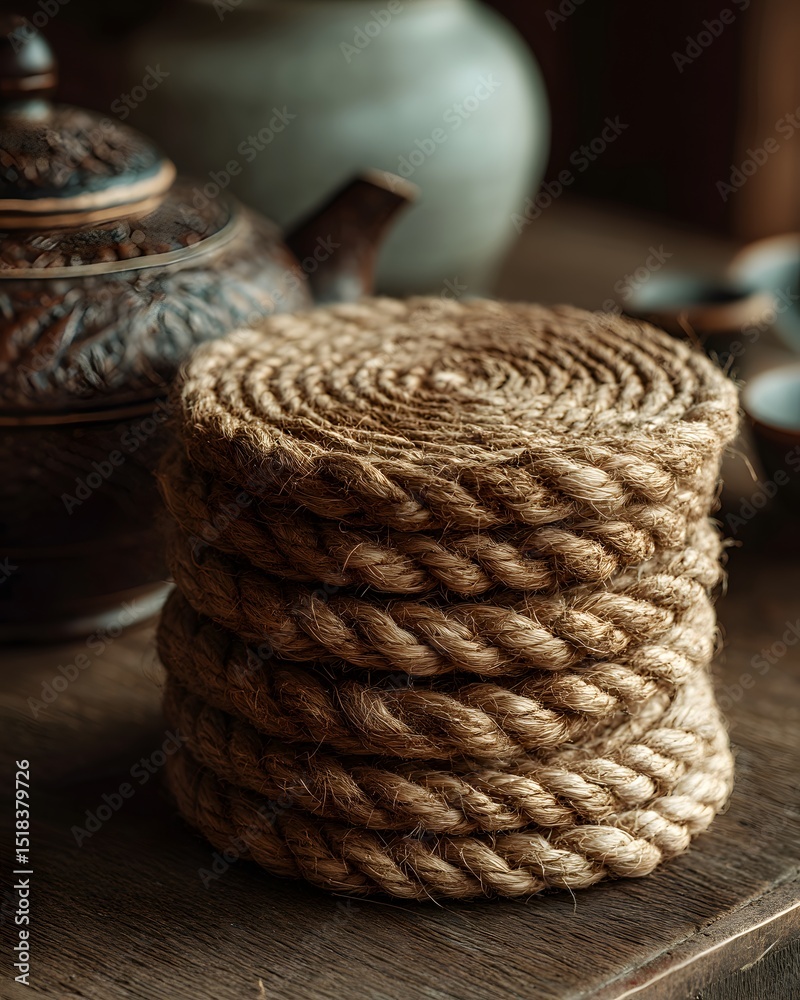 Obraz premium Round braided jute coasters for table high resolution picture