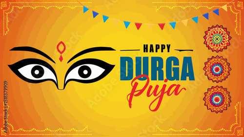 Vibrant and festive DURGA PUJA banner-style image with a bright yellow background.