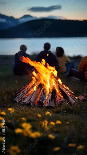 A bright bonfire burns in the foreground as four people sit together by a lake at twilight