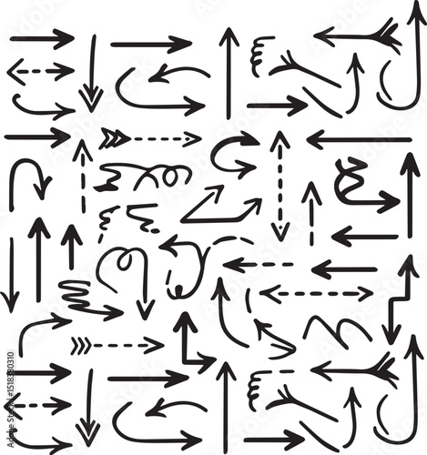 Black and white vector graphic of many hand-drawn arrows, The arrows vary in style, direction, and are a part of a visual catalog.