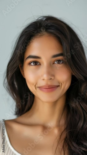 Portrait of a young woman with long dark hair, looking forward with a relaxed and natural expression