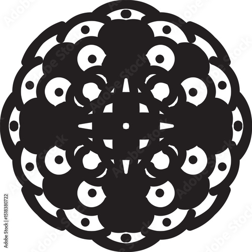 Detailed and symmetrical mandala artwork featuring intricate geometric patterns and ornamental elements. This decorative design is perfect for use in meditation visuals, coloring books, textile prints