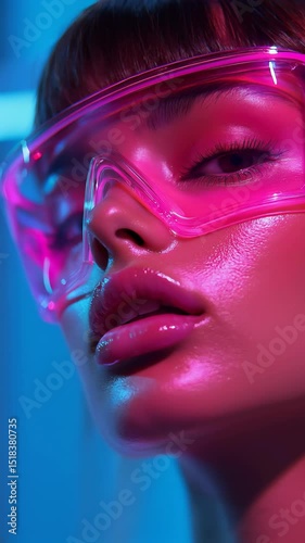 Glossy lips and glowing skin shine under neon lights as a woman wears bold pink futuristic visor glasses
