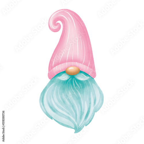 Картината върху платно Watercolor illustration of a gnome head with a turquoise beard and pink hat