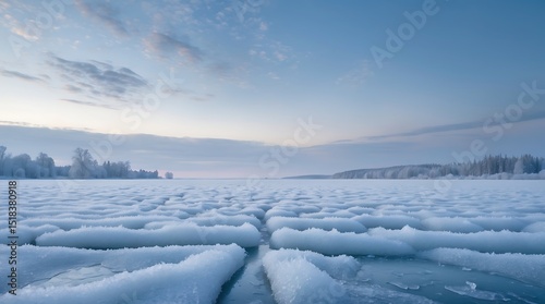 Winter landscape with icy water and soft blue skies at dawn near a frozen lake