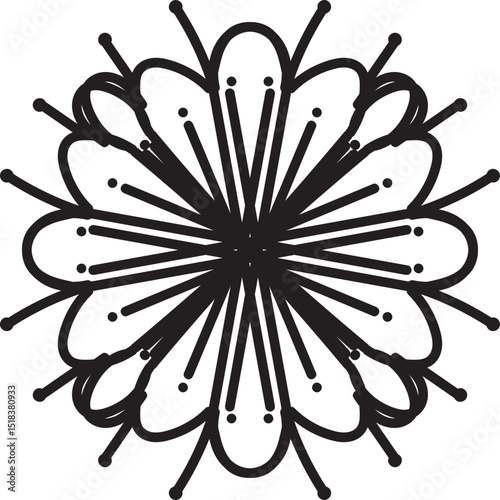 Detailed and symmetrical mandala artwork featuring intricate geometric patterns and ornamental elements. This decorative design is perfect for use in meditation visuals, coloring books, textile prints