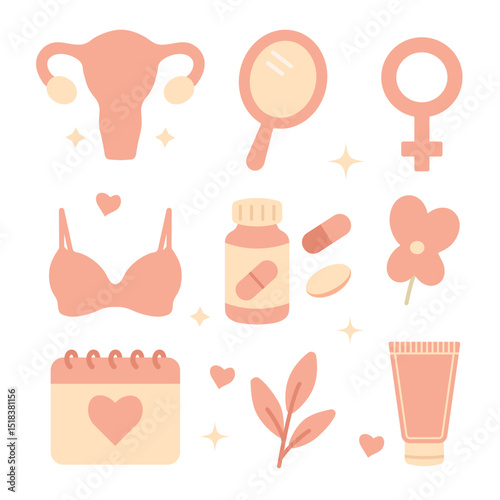 Illustration depicting a set of women's health icons, pastel colors, on a white background