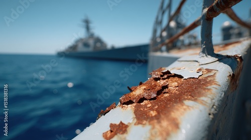 Close-Up of Damaged Navy Ship Hull with Rust and Peeling Paint, Ocean Background Blurred, Documentary Style