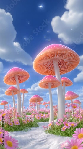 Vibrant pink mushrooms surrounded by colorful daisies in nature.