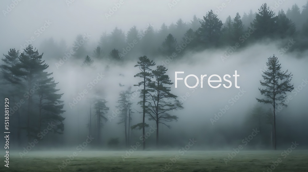 Naklejka premium Mist envelops tall trees in a quiet forest during early morning hours