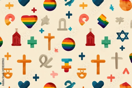 Lgbt equality symbols celebration seamless pattern design graphic art vibrant colors viewpoint