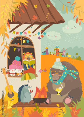 Hand-drawn cute cartoon animal poster templates, interesting children's flat vector illustrations, and cheerful festival backgrounds