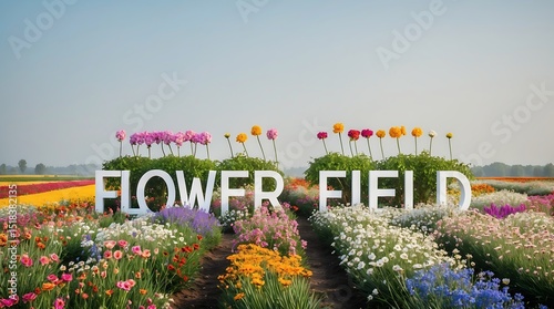 Colorful flower field filled with blossoms under clear sky in warm sunlight