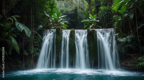 Waterfall cascading over mossy rocks surrounded by lush tropical vegetation
