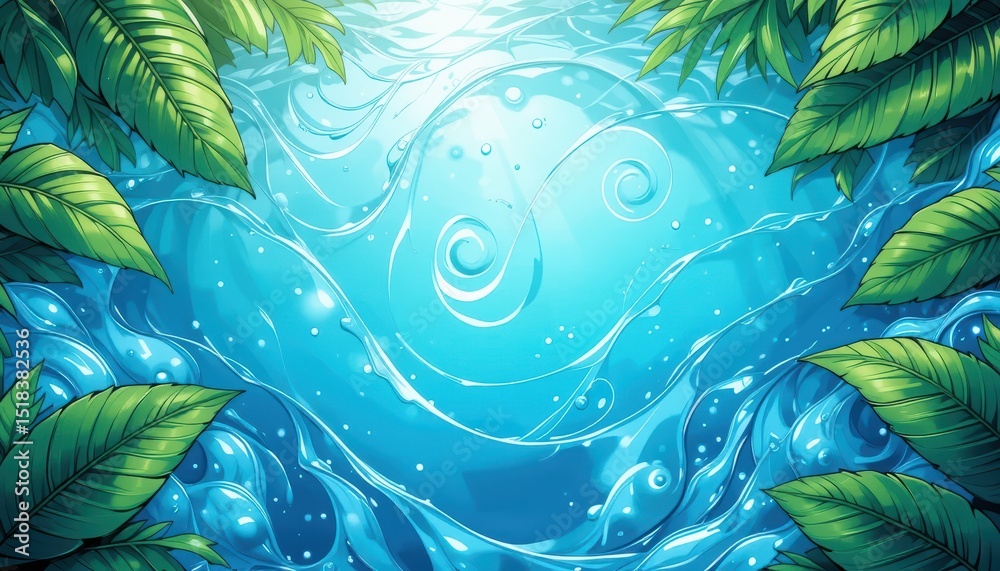 Naklejka premium Lush Green Leaves Bordering Clear Blue Water Swirls