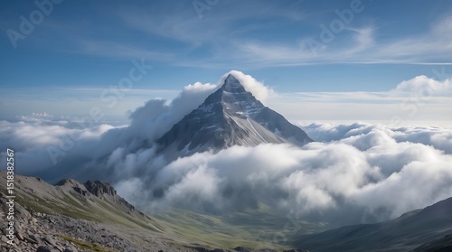 Majestic mountain peak surrounded by clouds in bright blue sky over green valley