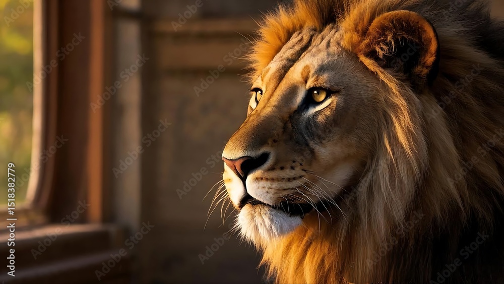 Fototapeta premium Close-Up Portrait of a Majestic Male Lion with a Golden Mane, Looking Out a Window, 4k