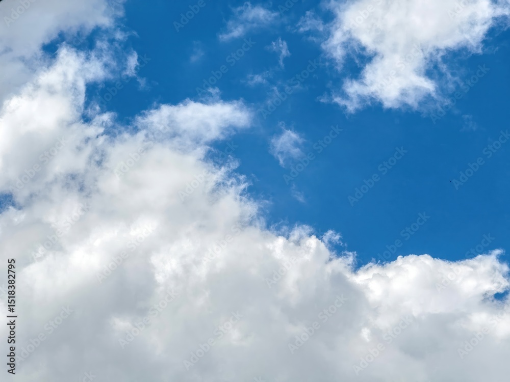 Fototapeta premium Blue sky with clouds, sunny day. White fluffy cloudscape, nature background