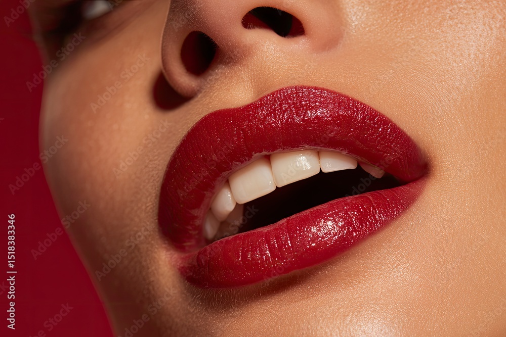 Fototapeta premium A closeup shows bright red lipstick on a persons open mouth revealing teeth and part of the face