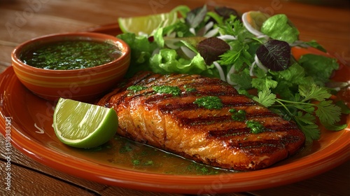 Close-up of a grilled chicken breast served with a fresh mixed green salad and a lime wedge on a terracotta plate.