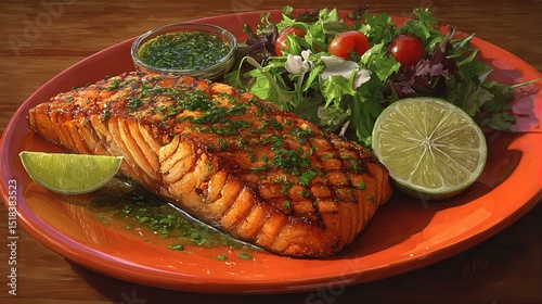 Close-up of a grilled chicken breast served with a fresh mixed green salad and a lime wedge on a terracotta plate.