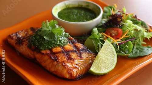 Close-up of a grilled chicken breast served with a fresh mixed green salad and a lime wedge on a terracotta plate.