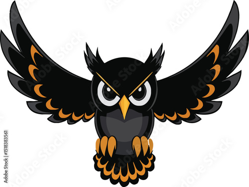 A vibrant illustration of a cartoon owl with outstretched wings, showcasing a fierce expression. The design captures the owl's playful yet bold character, making it an engaging and whimsical represent