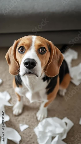 A guilty-looking beagle sits surrounded by shredded white paper on a carpeted floor near a couch.