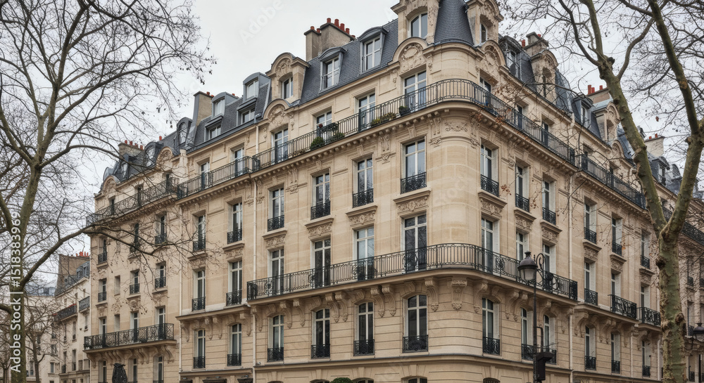 Obraz premium Elegant Parisian Apartment Building Architecture Stone Facade, Balconies, and Mansard Roof