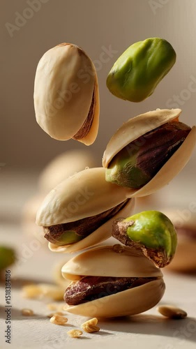Shelled and unshelled pistachios mid-air, showing green nuts, cracked shells, and scattered crumbs