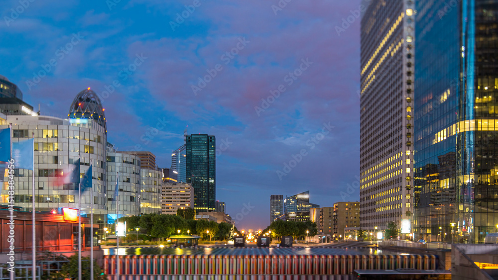 Obraz premium Paris cityscape with modern buildings in business district La Defense day to night timelapse. Paris, France